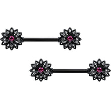 Load image into Gallery viewer, 14G 9/16 Clear Gem Black Midnight Flower Barbell Nipple Ring Set