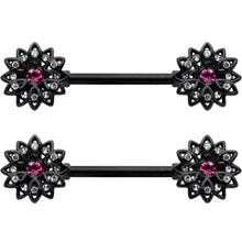 Load image into Gallery viewer, 14G 9/16 Clear Gem Black Midnight Flower Barbell Nipple Ring Set