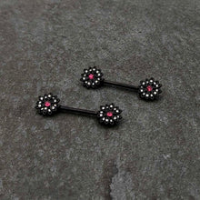 Load image into Gallery viewer, 14G 9/16 Clear Gem Black Midnight Flower Barbell Nipple Ring Set
