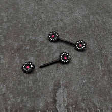 Load image into Gallery viewer, 14G 9/16 Clear Gem Black Midnight Flower Barbell Nipple Ring Set