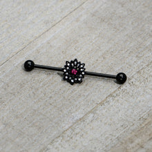 Load image into Gallery viewer, 14G Clear Pink Gem Black Midnight Flower Industrial Barbell 38mm