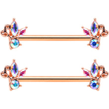 Load image into Gallery viewer, 14G 5/8 Aurora CZ Gem Rosy Hue Fleur de Lis Butterfly Barbell Nipple Ring Set