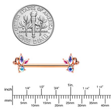 Load image into Gallery viewer, 14G 5/8 Aurora CZ Gem Rosy Hue Fleur de Lis Butterfly Barbell Nipple Ring Set