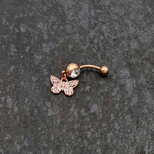 Load image into Gallery viewer, Clear Gem Rose Gold Tone Baroque Butterfly Rococo Dangle Belly Ring