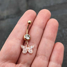 Load image into Gallery viewer, Clear Gem Rose Gold Tone Baroque Butterfly Rococo Dangle Belly Ring
