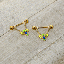 Load image into Gallery viewer, 14G 9/16 Blue Gem Gold Hue Tropic Fan Chain Dangle Nipple Ring Set