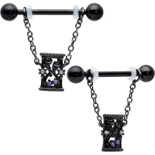 Load image into Gallery viewer, 14G 5/8 Purple Gem Black Goth Hourglass Chain Dangle Nipple Ring Set