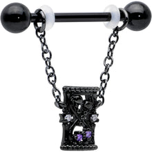 Load image into Gallery viewer, 14G 5/8 Purple Gem Black Goth Hourglass Chain Dangle Nipple Ring Set