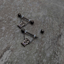 Load image into Gallery viewer, 14G 5/8 Purple Gem Black Goth Hourglass Chain Dangle Nipple Ring Set