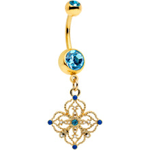 Load image into Gallery viewer, Blue Gem Gold Tone Texture Emblem Dangle Belly Ring