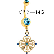 Load image into Gallery viewer, Blue Gem Gold Tone Texture Emblem Dangle Belly Ring