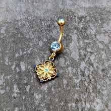 Load image into Gallery viewer, Blue Gem Gold Tone Texture Emblem Dangle Belly Ring