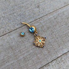 Load image into Gallery viewer, Blue Gem Gold Tone Texture Emblem Dangle Belly Ring