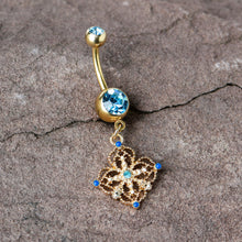 Load image into Gallery viewer, Blue Gem Gold Tone Texture Emblem Dangle Belly Ring