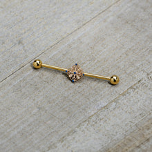 Load image into Gallery viewer, 14G Blue Gem Gold Tone Texture Emblem Industrial Barbell 38mm