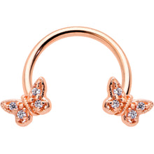 Load image into Gallery viewer, 16G 3/8 Clear Gem Rosy Tone Butterfly Horseshoe Circular Barbell