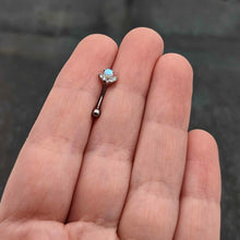 Load image into Gallery viewer, 16G 5/16 White Synthetic Opal Style Flower Curved Eyebrow Ring