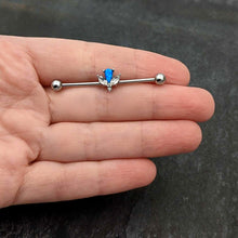 Load image into Gallery viewer, 14G Blue Faux Opal Style Flower Industrial Barbell 38mm