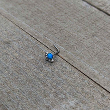 Load image into Gallery viewer, 20G 1/4 Blue Synthetic Opal Style Flower L Shape Nose Ring