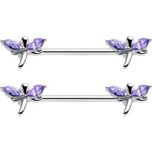Load image into Gallery viewer, 14G 5/8 Purple Gem Simple Styled Dragonfly Barbell Nipple Ring Set