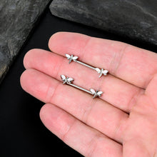 Load image into Gallery viewer, 14G 5/8 White Faux Opal Styled Dragonfly Barbell Nipple Ring Set