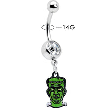 Load image into Gallery viewer, Clear Gem Frankenstein Head Green Glow in the Dark Dangle Belly Ring