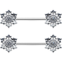 Load image into Gallery viewer, 14G 9/16 Clear Gem Filigree Winter Snowflake Nipple Ring Set