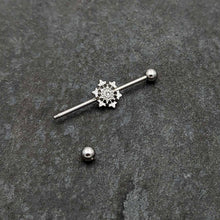 Load image into Gallery viewer, 14G Clear Gem Filigree Winter Snowflake Industrial Barbell 38mm