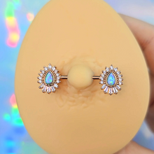 Load image into Gallery viewer, 14G 9/16 White Synthetic Opal Rose Gold Tone Barbell Nipple Ring Set