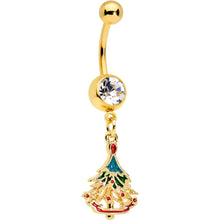Load image into Gallery viewer, Clear Red Gem Gold Tone Decorated Holiday Tree Dangle Belly Ring