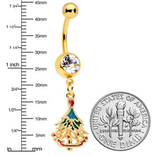 Load image into Gallery viewer, Clear Red Gem Gold Tone Decorated Holiday Tree Dangle Belly Ring