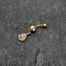 Load image into Gallery viewer, Clear Red Gem Gold Tone Decorated Holiday Tree Dangle Belly Ring