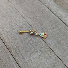 Load image into Gallery viewer, Clear Red Gem Gold Tone Decorated Holiday Tree Dangle Belly Ring