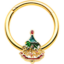 Load image into Gallery viewer, 16G 3/8 Red Gem Gold Tone Deco Holiday Tree Hinged Segment Ring