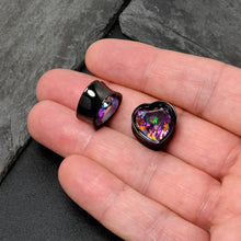 Load image into Gallery viewer, Medium Vitrail CZ Black Heart In Heart Double Flare Plug Set 8mm to 16mm