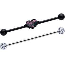 Load image into Gallery viewer, 14G Black Bat Heart Halloween Clear Industrial Barbell 38mm Set of 2