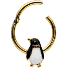 Load image into Gallery viewer, 16G 3/8 Red Gem Gold Tone Bow Tie Penguin Hinged Segment Ring