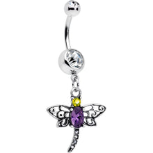 Load image into Gallery viewer, Clear Yellow Purple Gem Dragonfly Dangle Belly Ring
