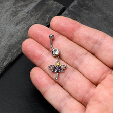 Load image into Gallery viewer, Clear Yellow Purple Gem Dragonfly Dangle Belly Ring