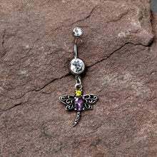 Load image into Gallery viewer, Clear Yellow Purple Gem Dragonfly Dangle Belly Ring