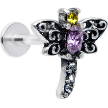 Load image into Gallery viewer, 16G 5/16 Purple Yellow Gem Dragonfly Ornate Labret Monroe Tragus