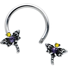 Load image into Gallery viewer, 16G 3/8 Purple Yellow Gem Dragonfly Horseshoe Circular Barbell