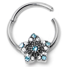 Load image into Gallery viewer, 16G 3/8 Blue Clear Gem Opulent Flower Hinged Segment Ring