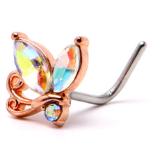 Load image into Gallery viewer, 20G 7mm Aurora CZ Gem Fleur de Lis Rosy Butterfly L Shape Nose Ring