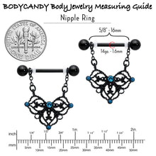 Load image into Gallery viewer, 14G 9/16 Blue Gem Black Lacy Rhombus Dangle Nipple Ring Set