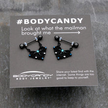 Load image into Gallery viewer, 14G 9/16 Blue Gem Black Lacy Rhombus Dangle Nipple Ring Set