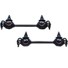Load image into Gallery viewer, 14G 9/16 Black Halloween Smiling Spider Barbell Nipple Ring Set