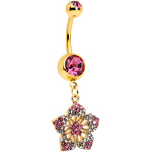 Load image into Gallery viewer, Pink Clear Gem Gold Tone Texture Star Dangle Belly Ring