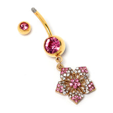 Load image into Gallery viewer, Pink Clear Gem Gold Tone Texture Star Dangle Belly Ring