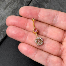 Load image into Gallery viewer, Pink Clear Gem Gold Tone Texture Star Dangle Belly Ring